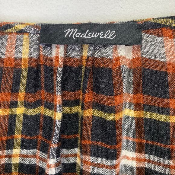 Madewell Plaid Flannel Ruffle Cuff Top Womens M Rust V-Neck Cozy Fall Feminine - Picture 7 of 12